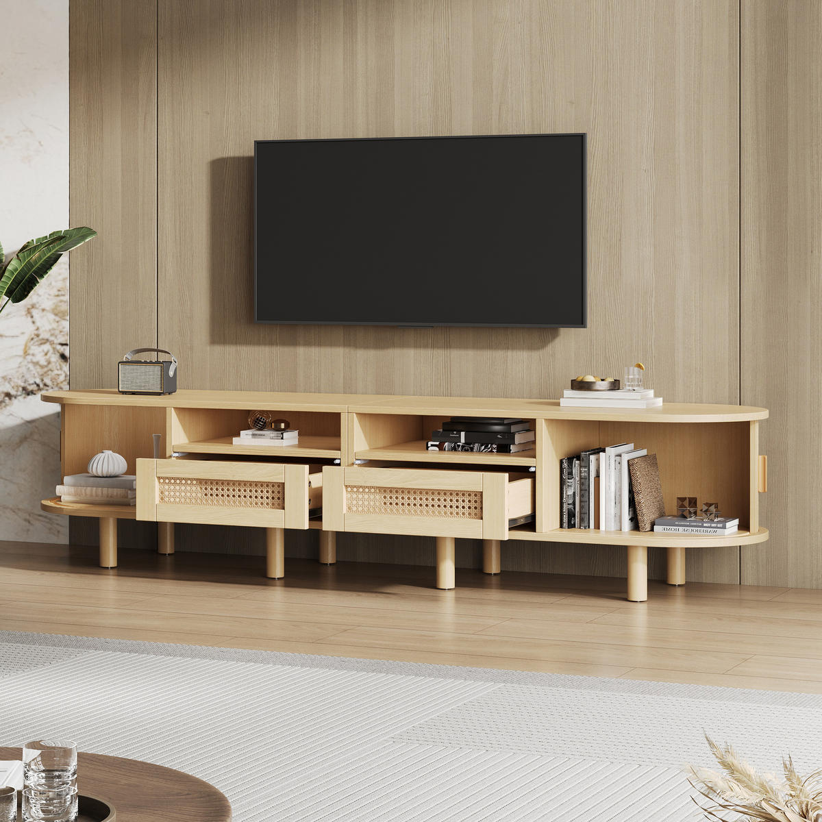 TV-ELEMENT 170/40/40 cm Holzoptik mit Rattan-Optik, Schiebetüren und Schubladen - Eichefarben, Holzwerkstoff (40/40/170cm) - Korfee