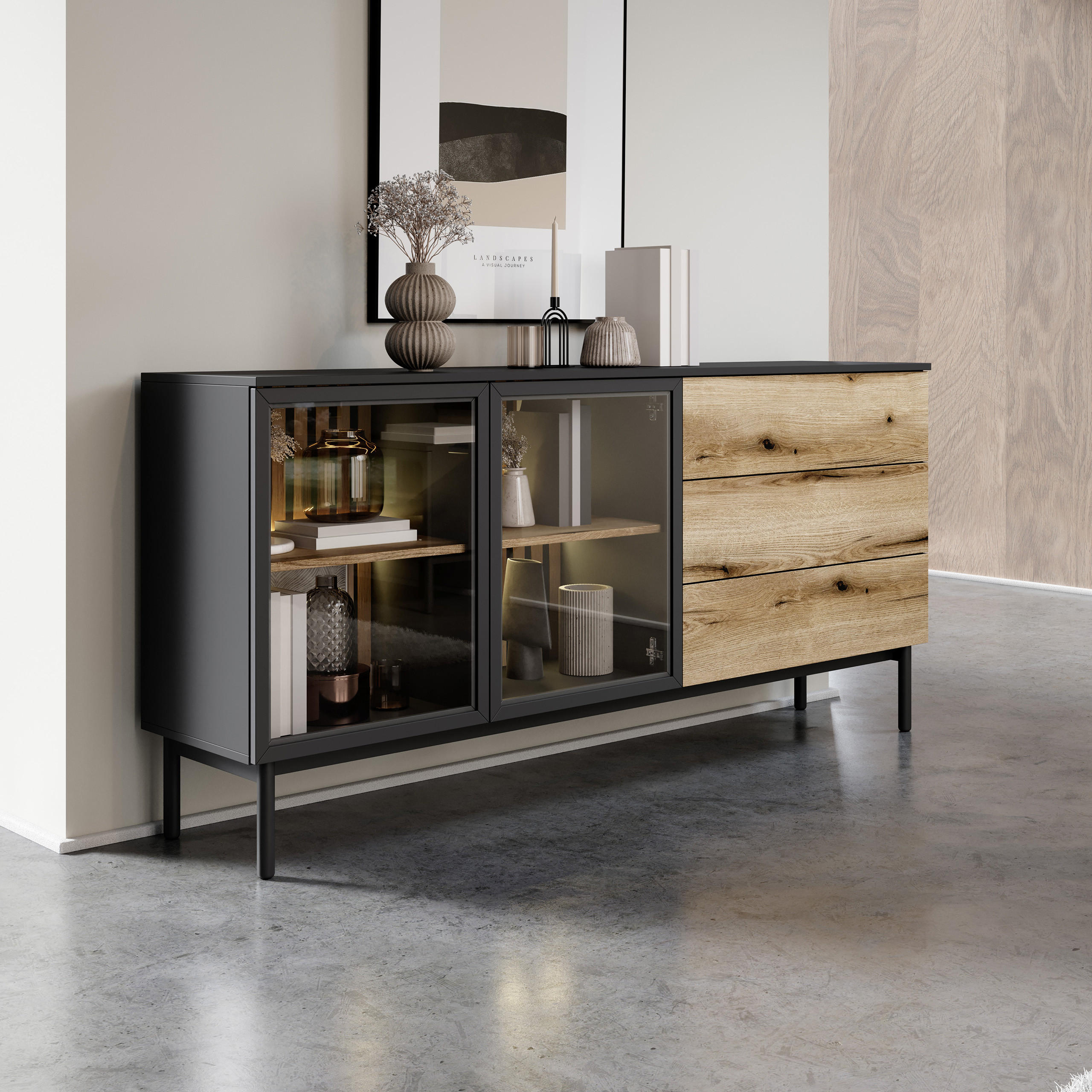 SIDEBOARD LAMBERTI 180/85/40 cm mit 3 Schubladen und 2 Türen Schwarz - Goldfarben/Schwarz, Holzwerkstoff (180/85/40cm) - MASSENO