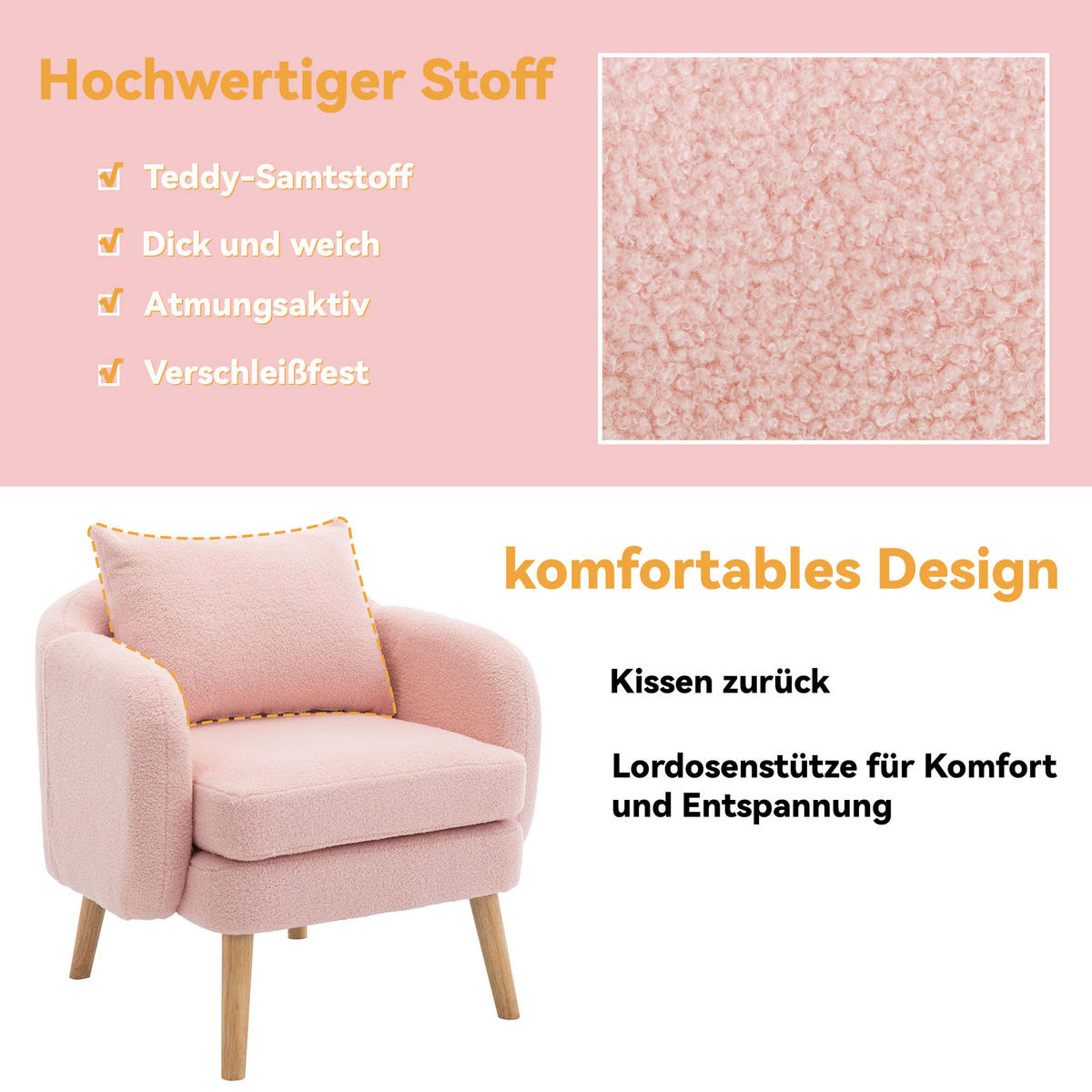 SESSEL Teddy Samt gepolstert mit Kissen extra dick Holzbein Rosa - Pink, Holz (72/71/71cm) - FLIEKS