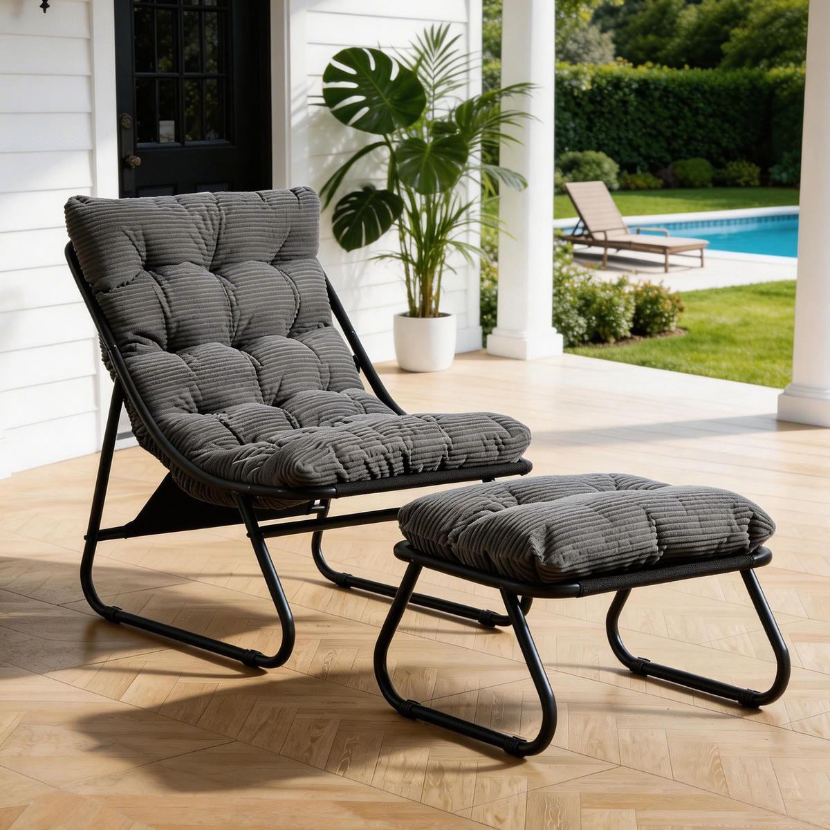 SESSELSET, Relaxsessel mit Hocker,Stahlrahmen,Cord,Grau - Dunkelgrau, Metall (78/86/65cm) - LVHOM