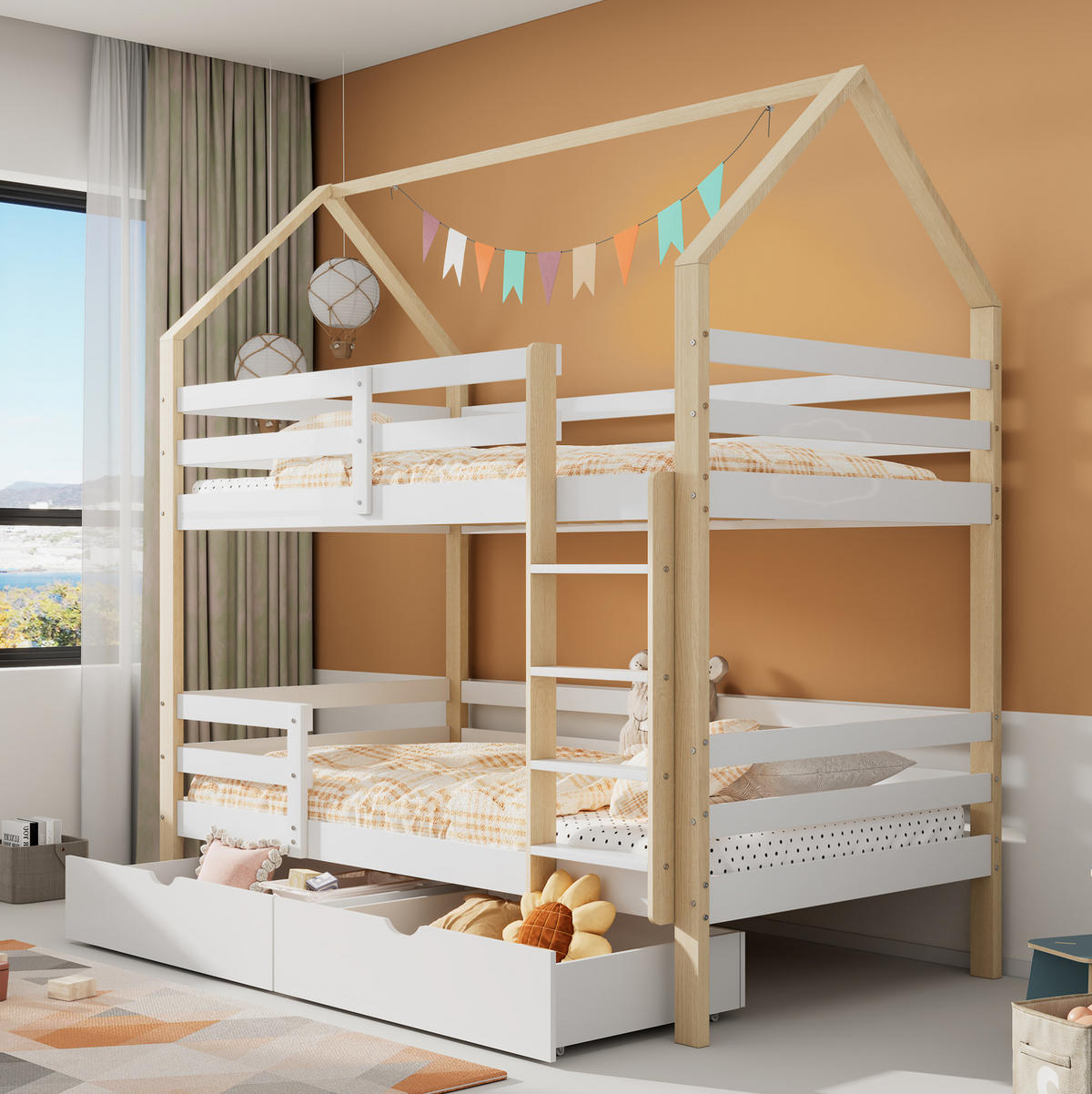KINDERBETT in Hausform 90/200 cm mit Lattenrost, Rundum-Schutz und 2 Schubladen, Weiß/Eichefarben - Weiß, Holz (90/200cm) - Redom