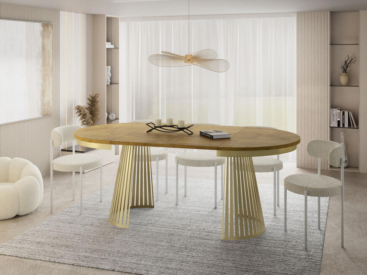 ESSTISCH Naro rund ausziehbar mit Goldem Lamellen-Metallgestell, Eiche Hell Braun 100-180/100/76 cm - Eichefarben/Goldfarben, Holzwerkstoff/Metall (100/100/76cm) - WFL GROUP