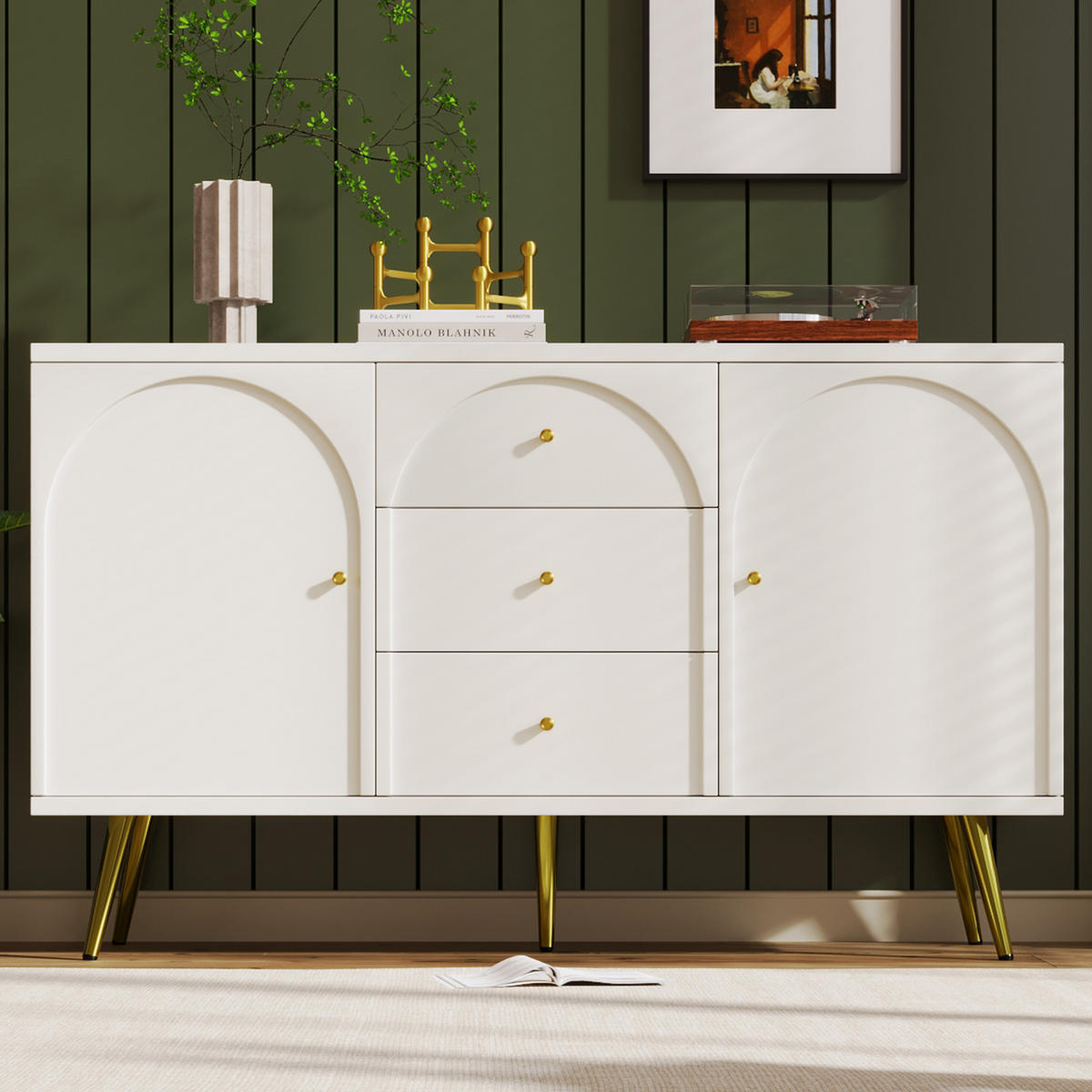 KOMMODE mit 2 Türen, 3 Schubladen und verstellbaren Einlegeböden, 140 x 84 x 40 cm, Cremeweiß, Holz und Metall - Creme, Holzwerkstoff (140/40/84cm) - SONNENH