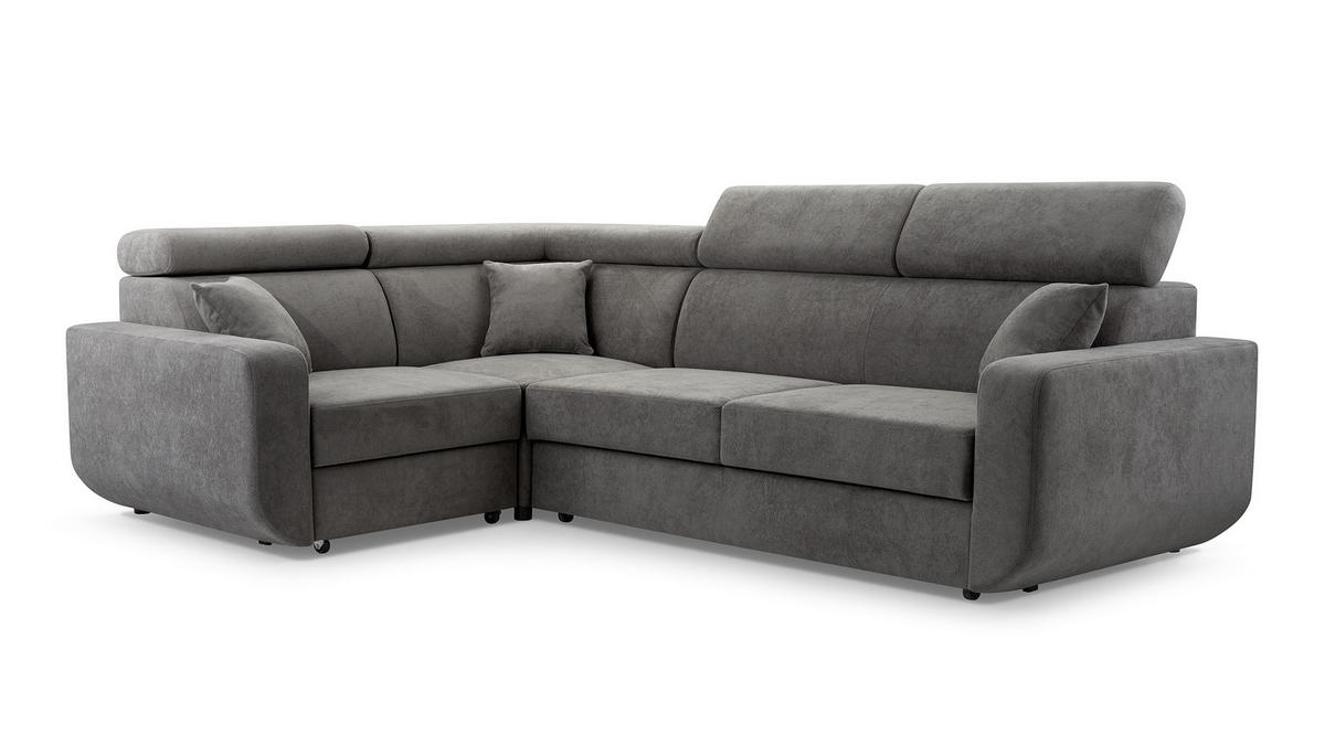 ECKSOFA RENO Grau Plüsch-Stoff mit Schlaffunktion - Grau, Holz (263/184cm) - MASSENO