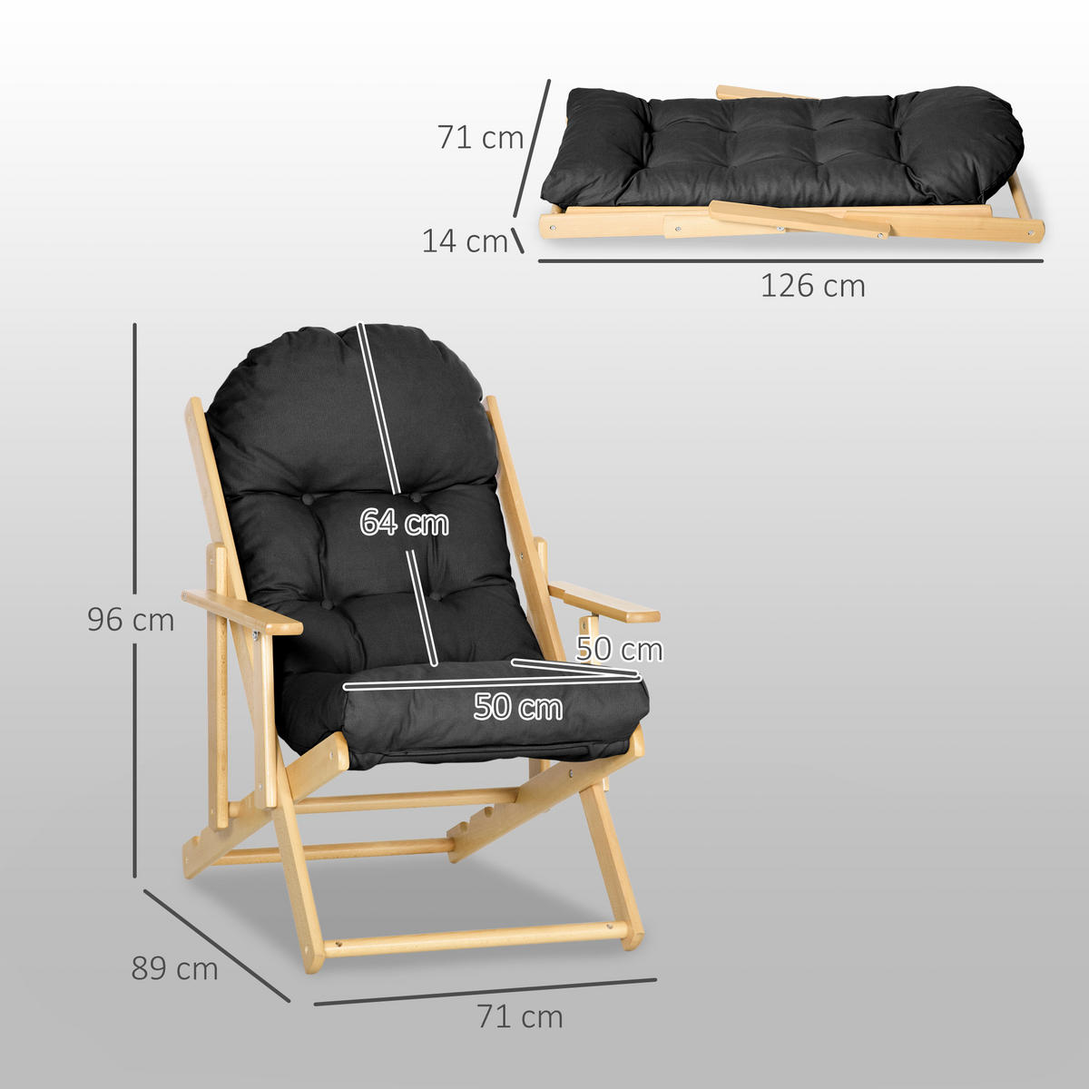 KLAPPSTUHL DE-13267 3-fach verstellbar & dickes Polster - Schwarz, Holz (89/96/71cm) - ComfortXL
