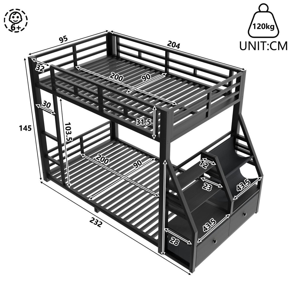 ETAGENBETT 90/200 cm aus Metall und Holz mit LED-Beleuchtung und 2 Stoffschubladen Schwarz - Schwarz, Holz (90/200cm) - Modenvie