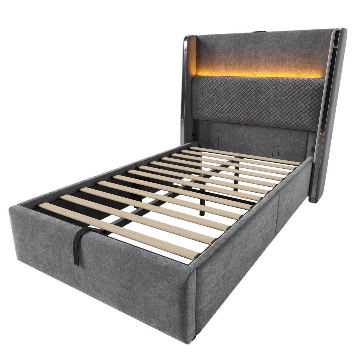 BETT 90/200 cm Grau mit hohem Kopfteil LED-Beleuchtung und Stauraum - Grau, Textil (90/200cm) - OKWISH