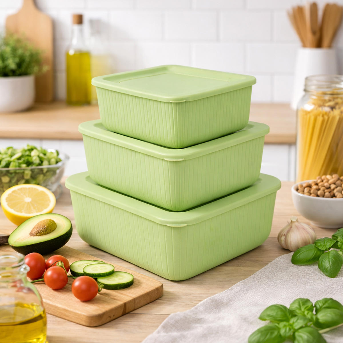 VORRATSDOSEN 3-teilig 0,5L/1L/1,5L Grün - Grün, Kunststoff - ProHome