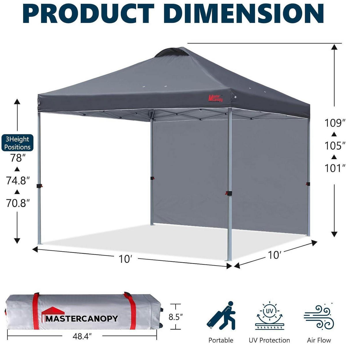 FALTPAVILLON 3 x 3 m Dunkelgrau mit Seitenwand - Anthrazit, Textil (304.8/268.2/304.8cm)