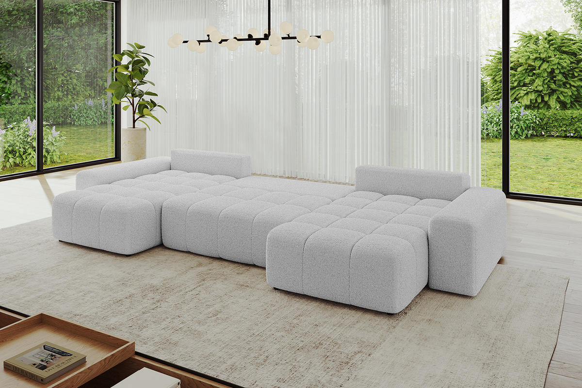 WOHNLANDSCHAFT ENIL-U 390x175x84 Hellgrau Bouclé - Hellgrau, Holzwerkstoff/Kunststoff (390/84/175cm) - ALTDECOR