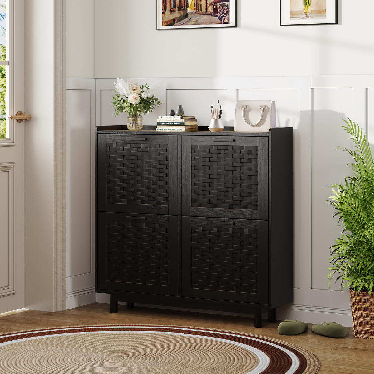 SCHUHSCHRANK 100cm schwarz mit 4 Klappfächern & Rattan-Imitation - Schwarz, Holz (24/95/100cm) - SHOPENTRA