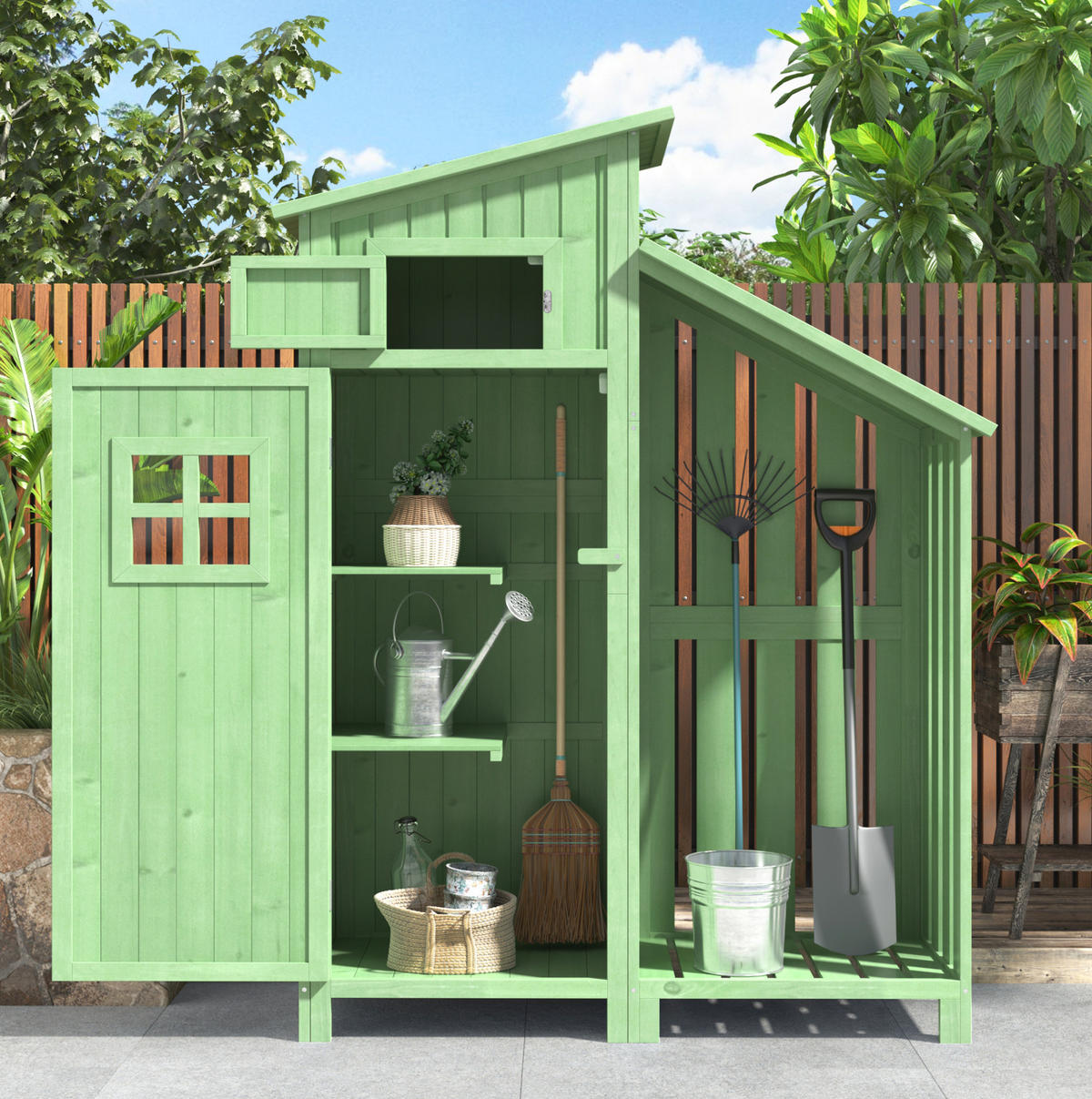 GARTENSCHRANK aus Massivholz 124x46x174cm Grün mit 2 Regalen - Grün, Holz (46/174/124cm) - Modfu
