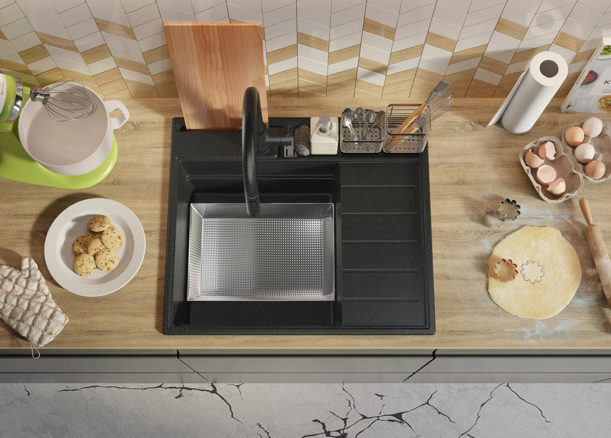 SPÜLBECKEN Sydney Pocket, 2-er set Anthrazit 62/53 cm 1 Becken + Ablauf-Set + Küchenzubehörset ab 45er Unterschrank - Chromfarben/Anthrazit, Kunststoff (62/20/53cm) - Primagran