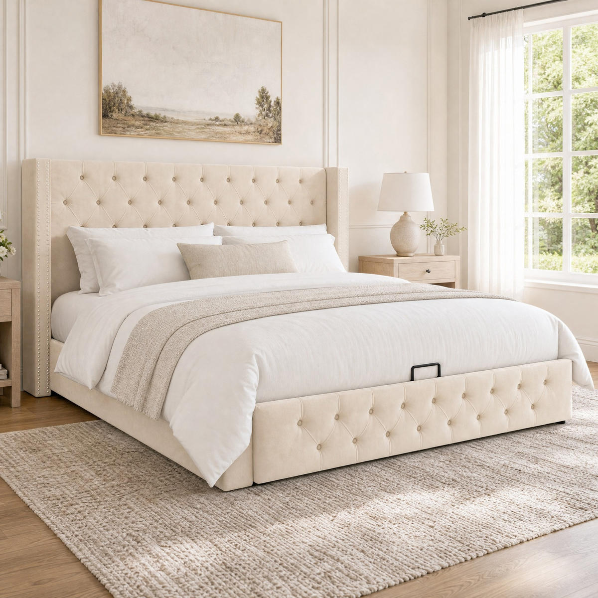 POLSTERBETT 160/200 mit Bettkasten, Rautensteppung und Kopfteil mit doppelter Nietenreihe in Beige - Beige, Holzwerkstoff/Textil (160/200cm) - EVRYAE