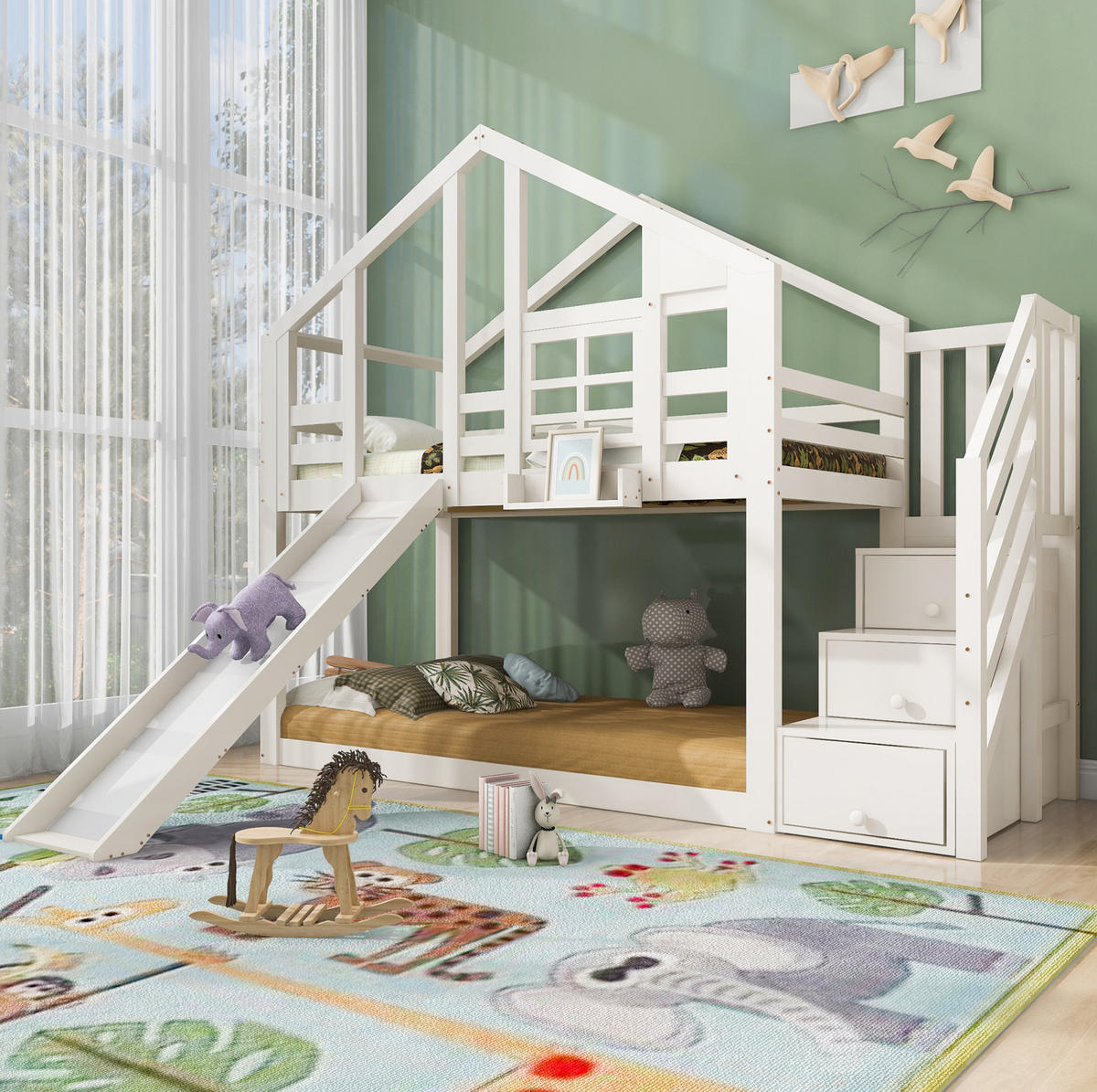 ETAGENBETT 90/200 cm in Weiß mit Rutsche und Stauraum im Baumhaus-Design - Weiß, Holzwerkstoff (90/200cm) - OKMYHOME