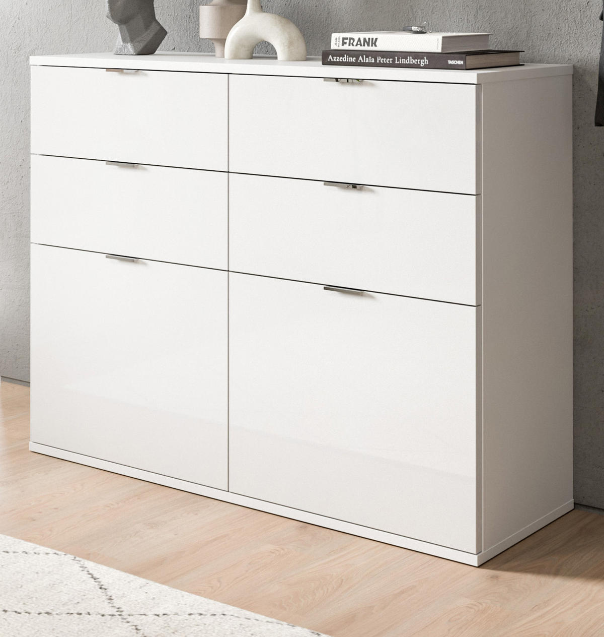 KOMMODE weiß Hochglanz 110 cm, Schuhschrank mit 4 Schubkästen - Chromfarben/Weiß Hochglanz, Holzwerkstoff/Kunststoff (110/85/37cm) - Inn.Furn