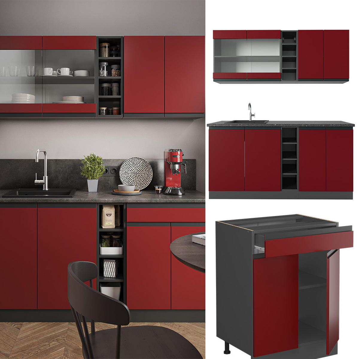 SINGLEKÜCHE R-Line Rot/Anthrazit 160 cm, AP Eiche - Anthrazit/Rot, Holzwerkstoff (160/81.6/60cm) - Vicco