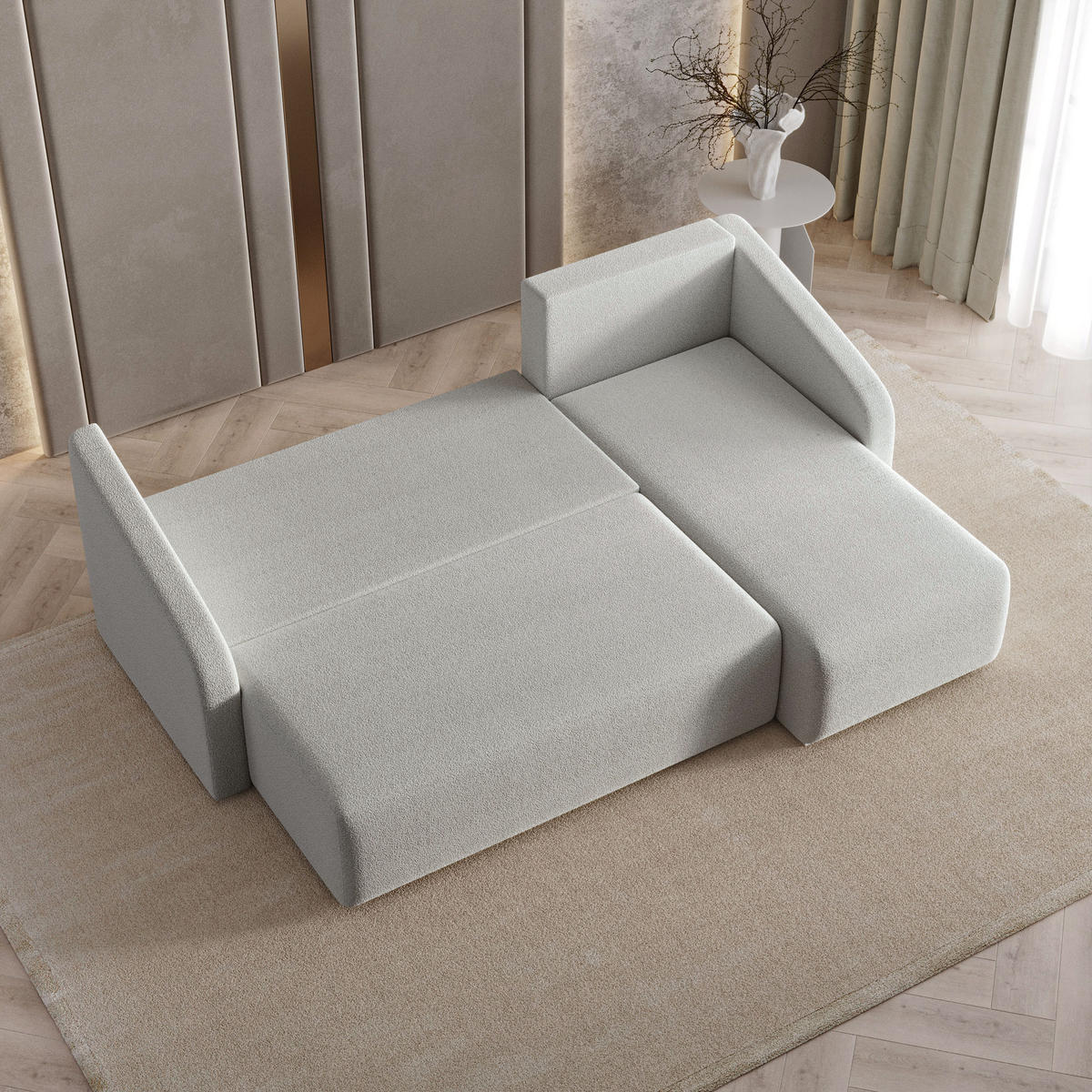 ECKSOFA MARELLO Hellgrau Boucle-Stoff mit Schlaffunktion - Hellgrau, Holz (220/143cm) - MASSENO