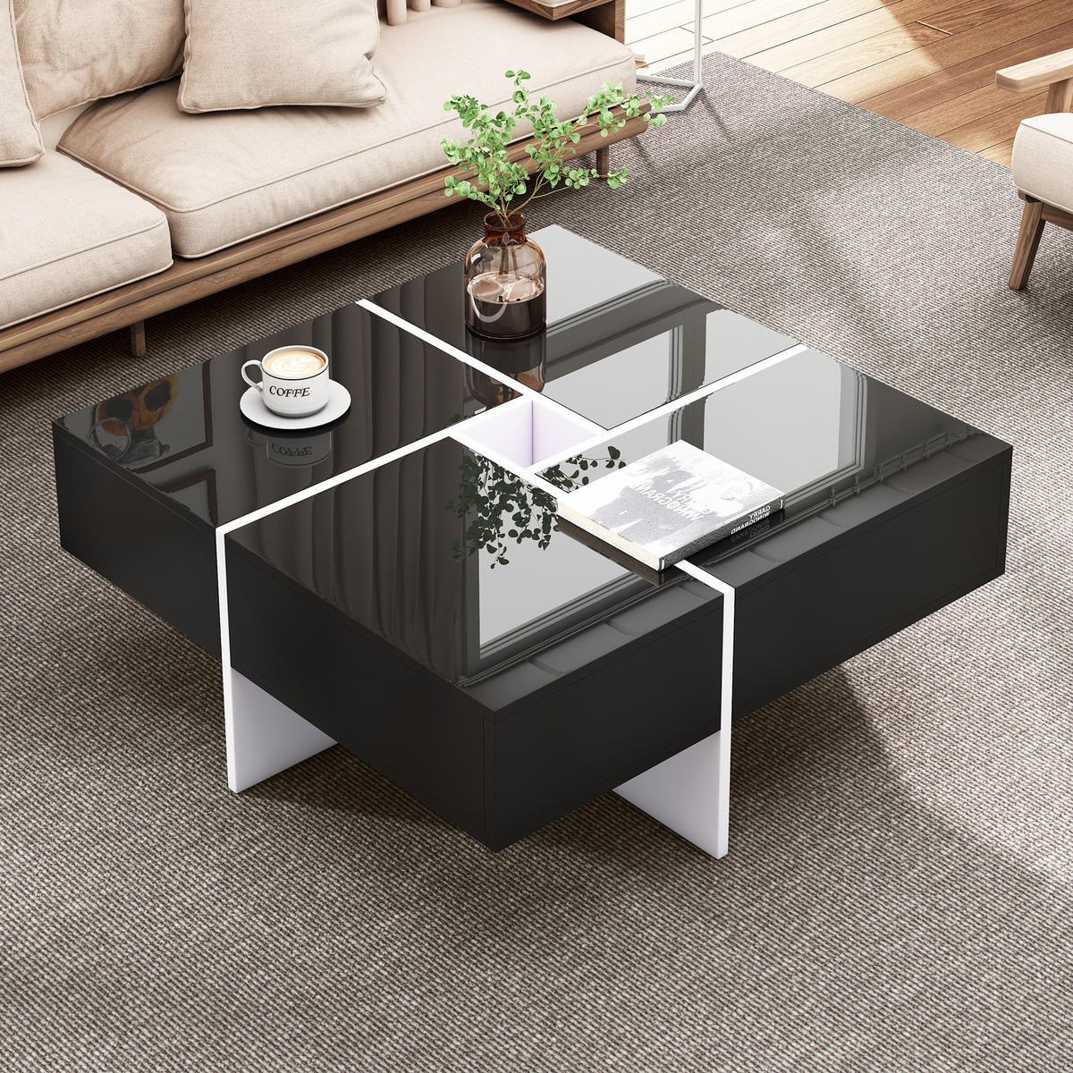 COUCHTISCH Hochglanz Oberfläche Schwarz Weiß mit 4 Schubladen und offenem Stauraum - Schwarz, Holzwerkstoff/Metall (70/70/35cm) - Urban Meuble