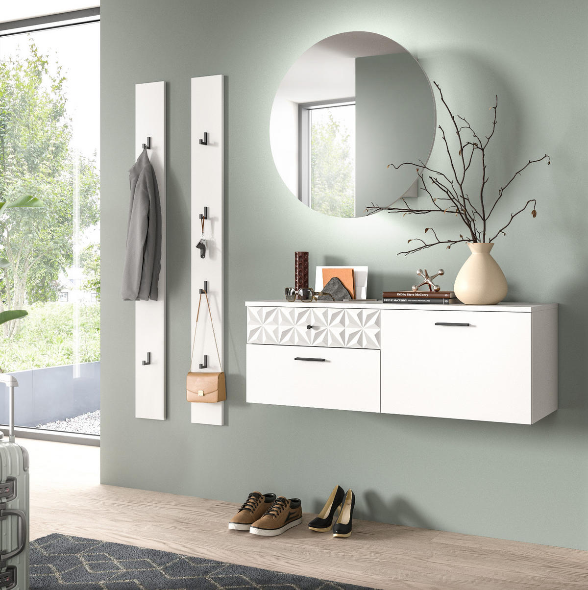 GARDEROBE Set weiß Hochglanz 172 cm, Kombination mit 3D-Struktur - Weiß Hochglanz/Schwarz, Glas/Holzwerkstoff (172/192/34cm) - Inn.Furn