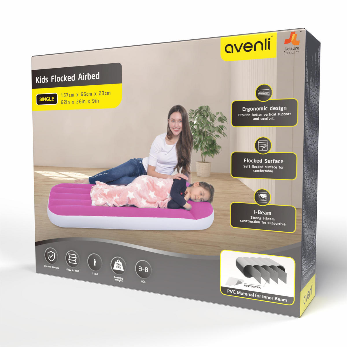 LUFTBETT Luftmatratze Camping Kinder 157 x 66 x 23 cm rosa aufblasbar ohne Pumpe - Rosa, Kunststoff (66/157cm) - Avenli