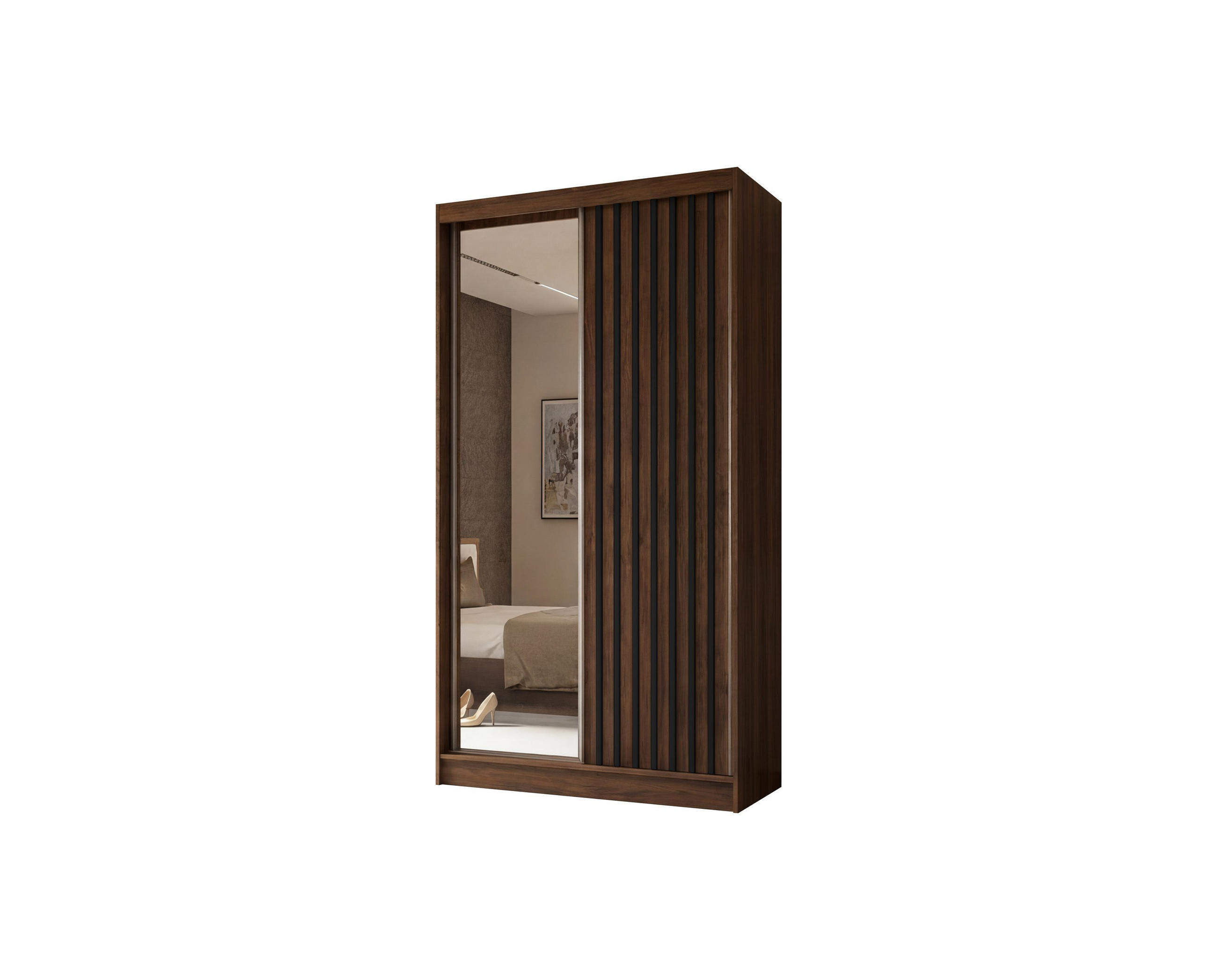 SCHWEBETÜRENSCHRANK LAMELLO 120/216/61 cm Modern Kleiderschrank 2-türig mit Spiegel Nussbaumfarben - Nussbaumfarben, Holzwerkstoff (120/216/61cm) - MASSENO