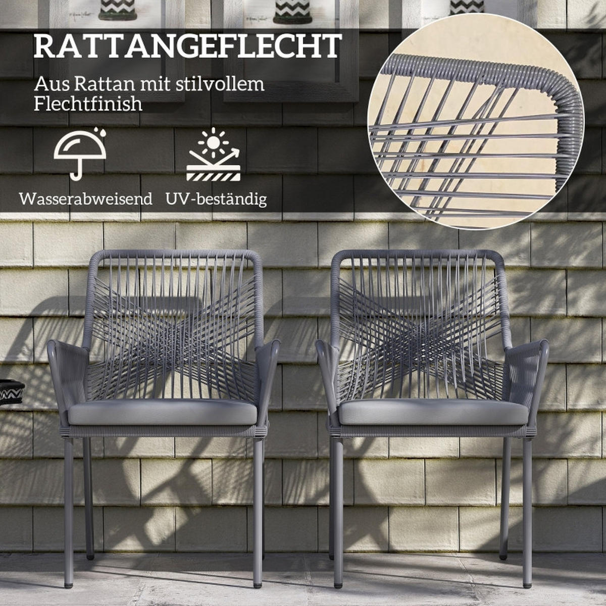 GARTENSTUHL 2er Set Rattan Kissen grau - Dunkelgrau, Naturmaterialien (57/84/61cm) - LEBENLANG