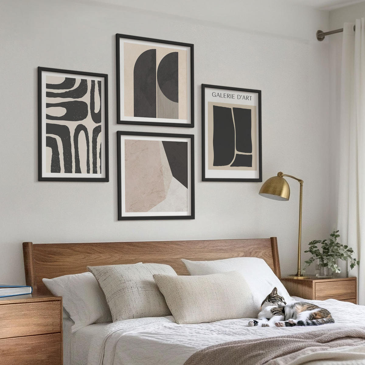 BILDER SET 4er Set - 50x50 cm & 40x60 cm Schwarzer Rahmen - Abstrakte minimalistische Poster - Schwarz, Kunststoff (50/50cm) - TULUP