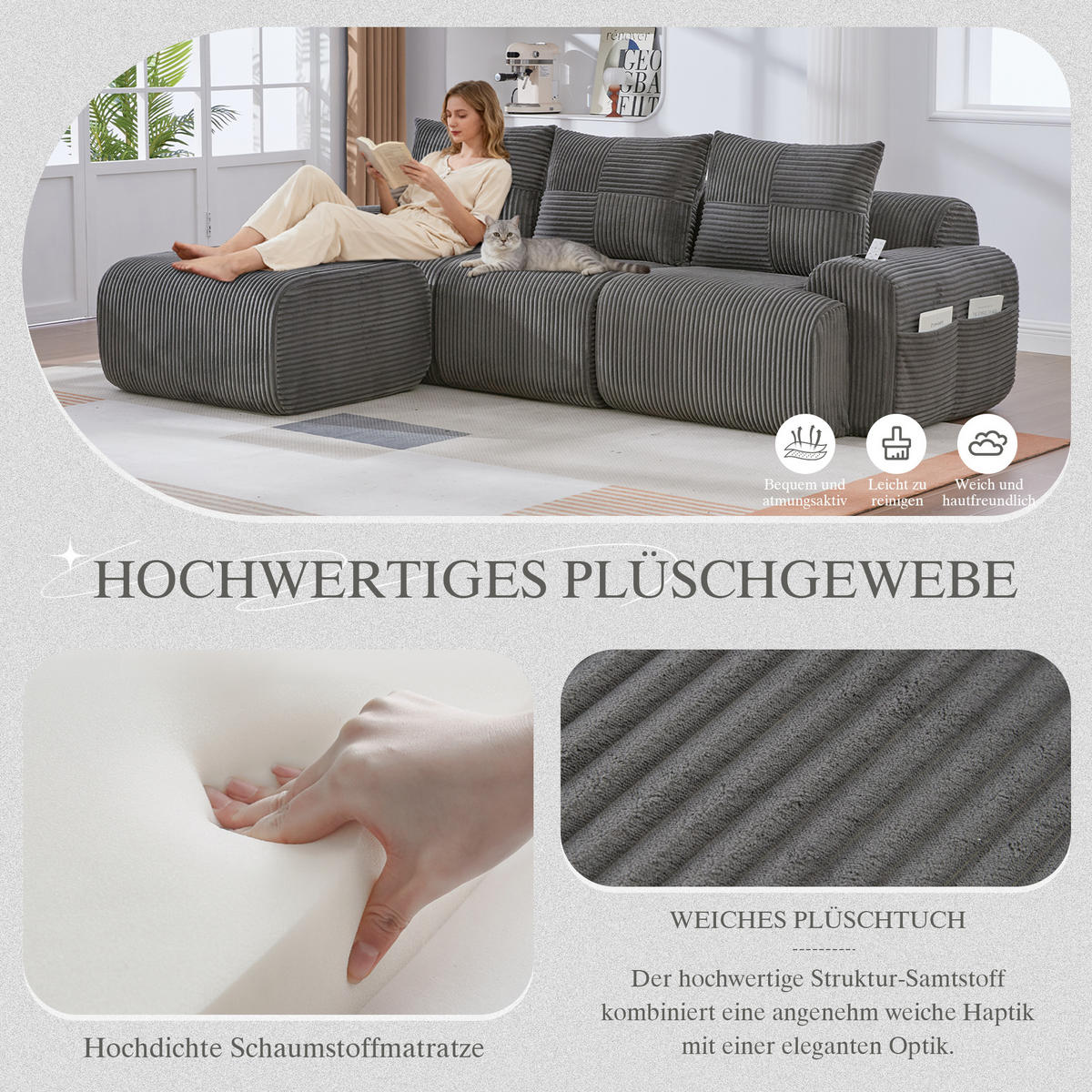 ECKSOFA 268/174/80 cm dunkelgrau aus Cord mit Cupholder - Dunkelgrau, Textil (174/268cm) - OKWISH