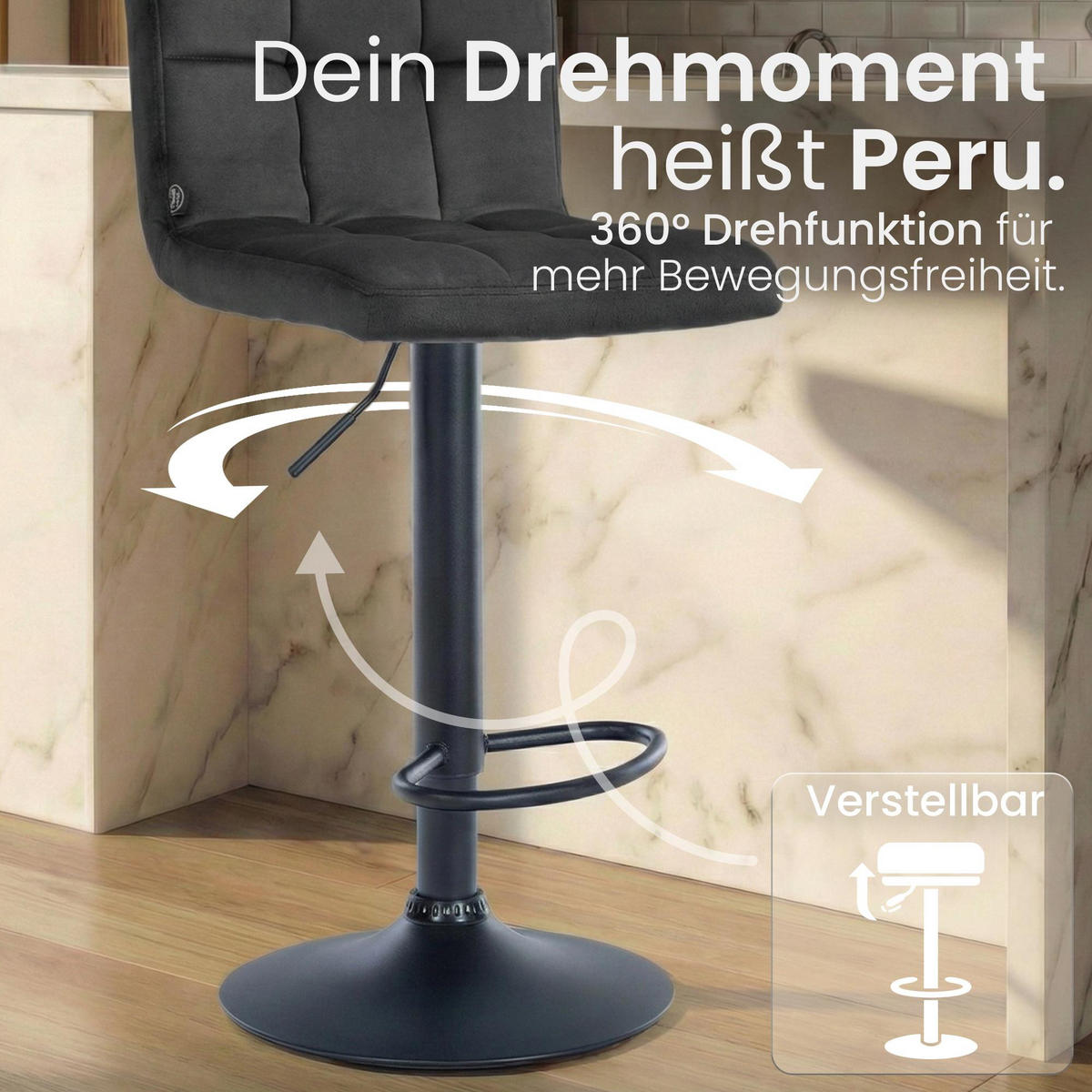 BARHOCKER Samt Dunkelgrau - Dunkelgrau/Schwarz, Textil/Metall (46/94/47cm) - CLP