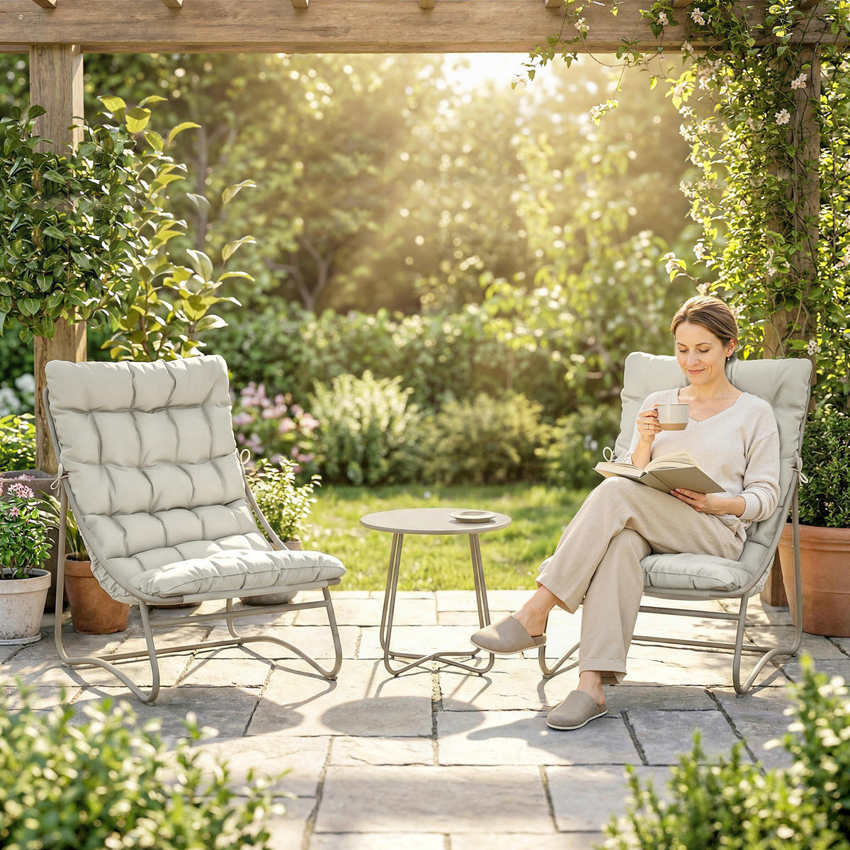 BALKONSET 3 TLG. mit Auflage Hellgrau - Hellgrau, Textil/Metall - Outsunny