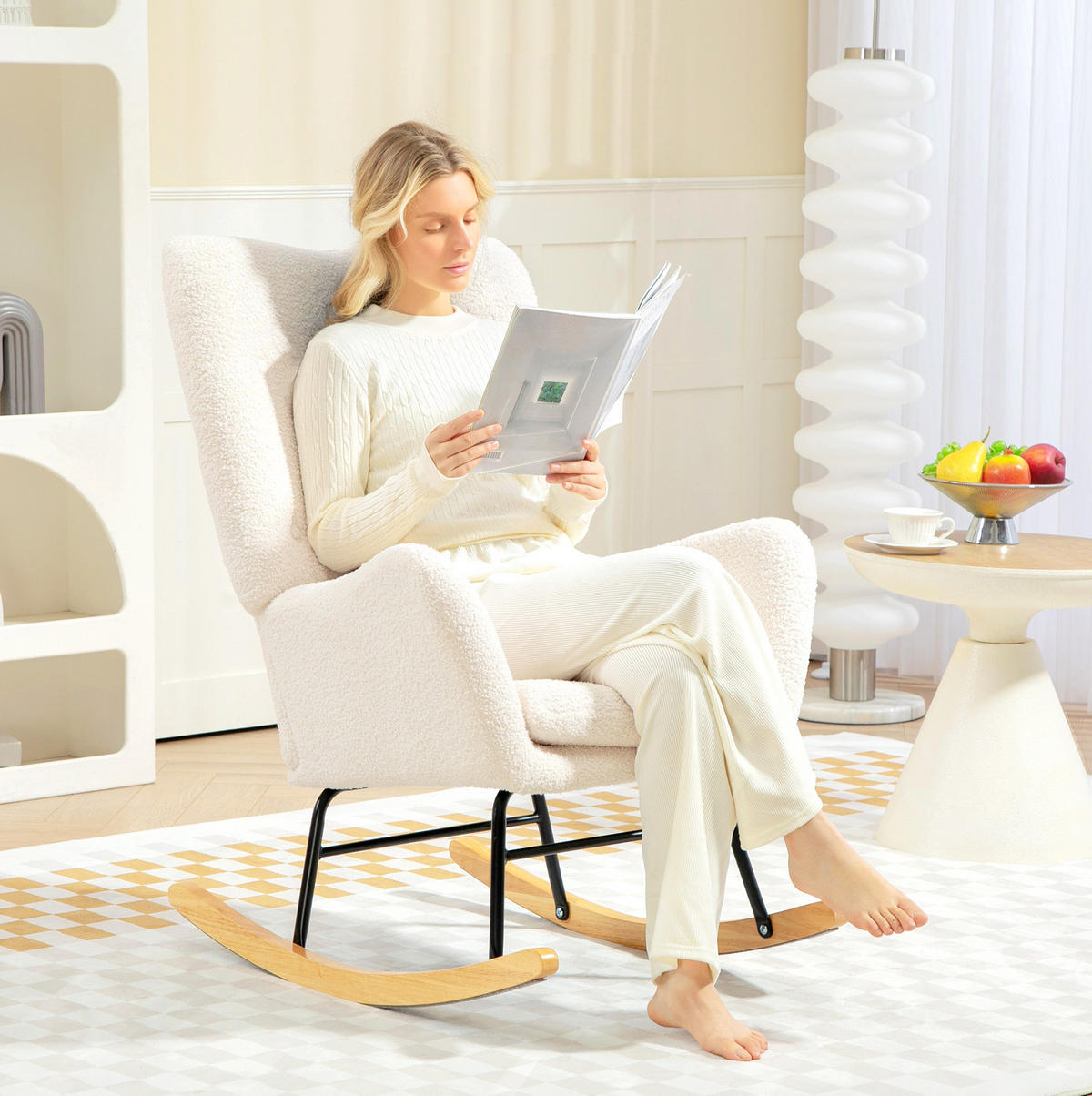 SCHAUKELSTUHL 69/92/100 cm cremeweiß aus Schaumstoff mit Lammfell-Optik - Creme, Textil (69/100/92cm) - OKWISH