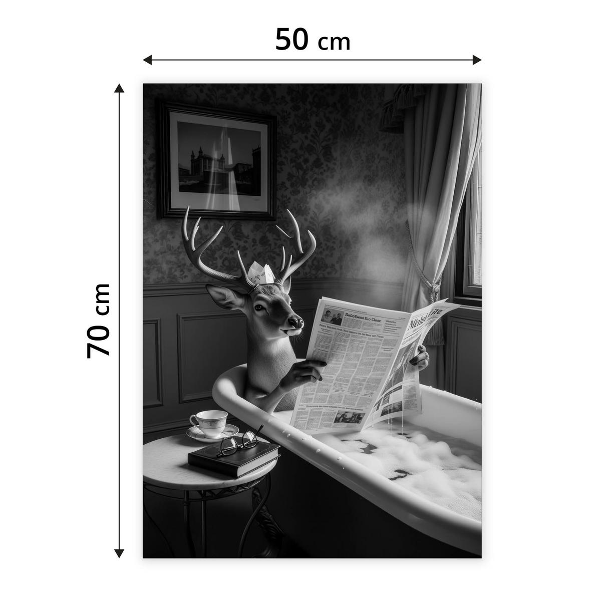 POSTER für Badezimmer WC Rehe HIRSCH in Badewanne Zeitung Abstraktion 50x70cm - Schwarz/Weiß, Papier (50/70/1cm) - Muralo