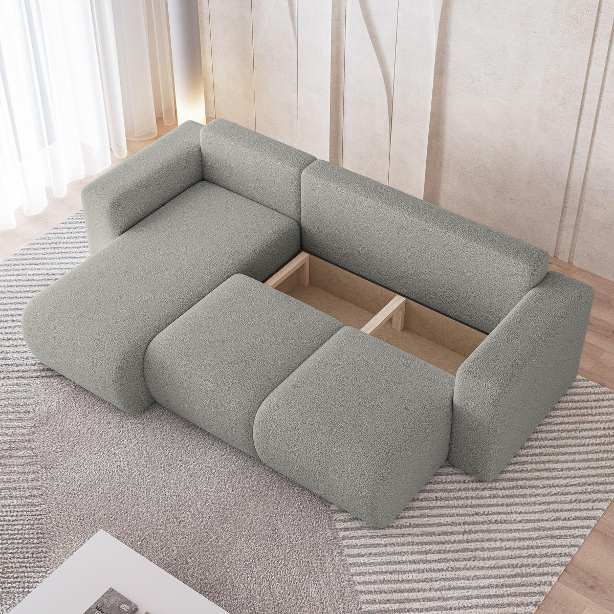 ECKSOFA RINOVA Creme Boucle-Stoff mit Schlaffunktion - Creme, Holz (250/143cm) - MASSENO