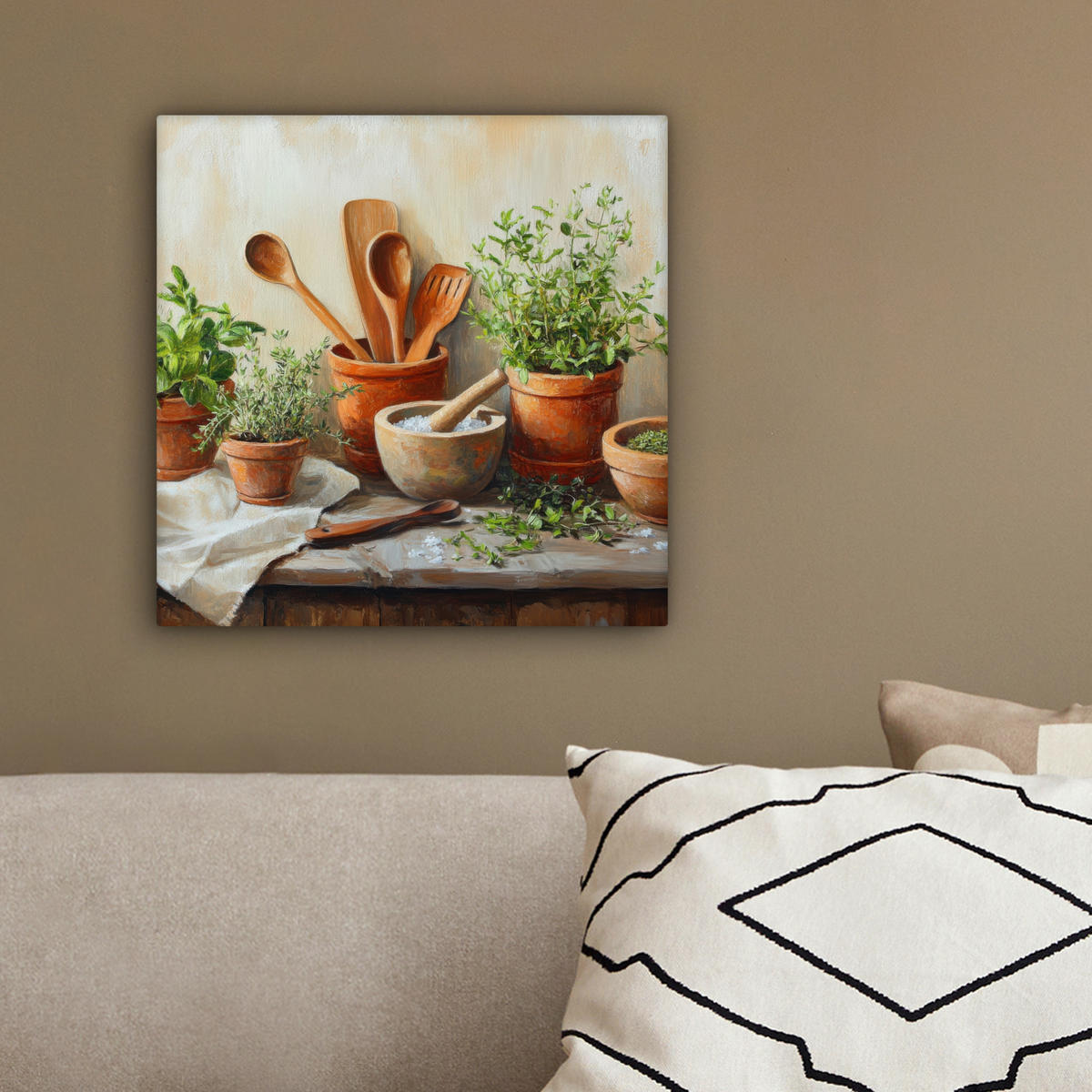 LEINWANDBILD Töpfe - Kräuter - Holz 20x20 cm - Terracotta, Textil (20/20cm) - MuchoWow