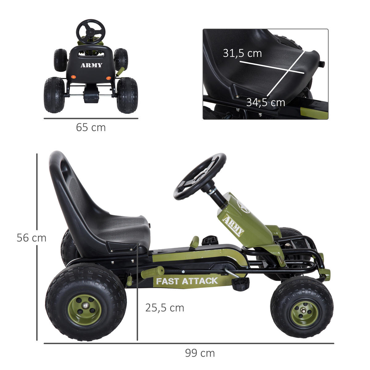 KINDER GO KART TRETAUTO, L105 x B54 x H61cm/L99 x B65 x H56cm, Grün - Grün, Metall (99/65/56cm) - HOMCOM