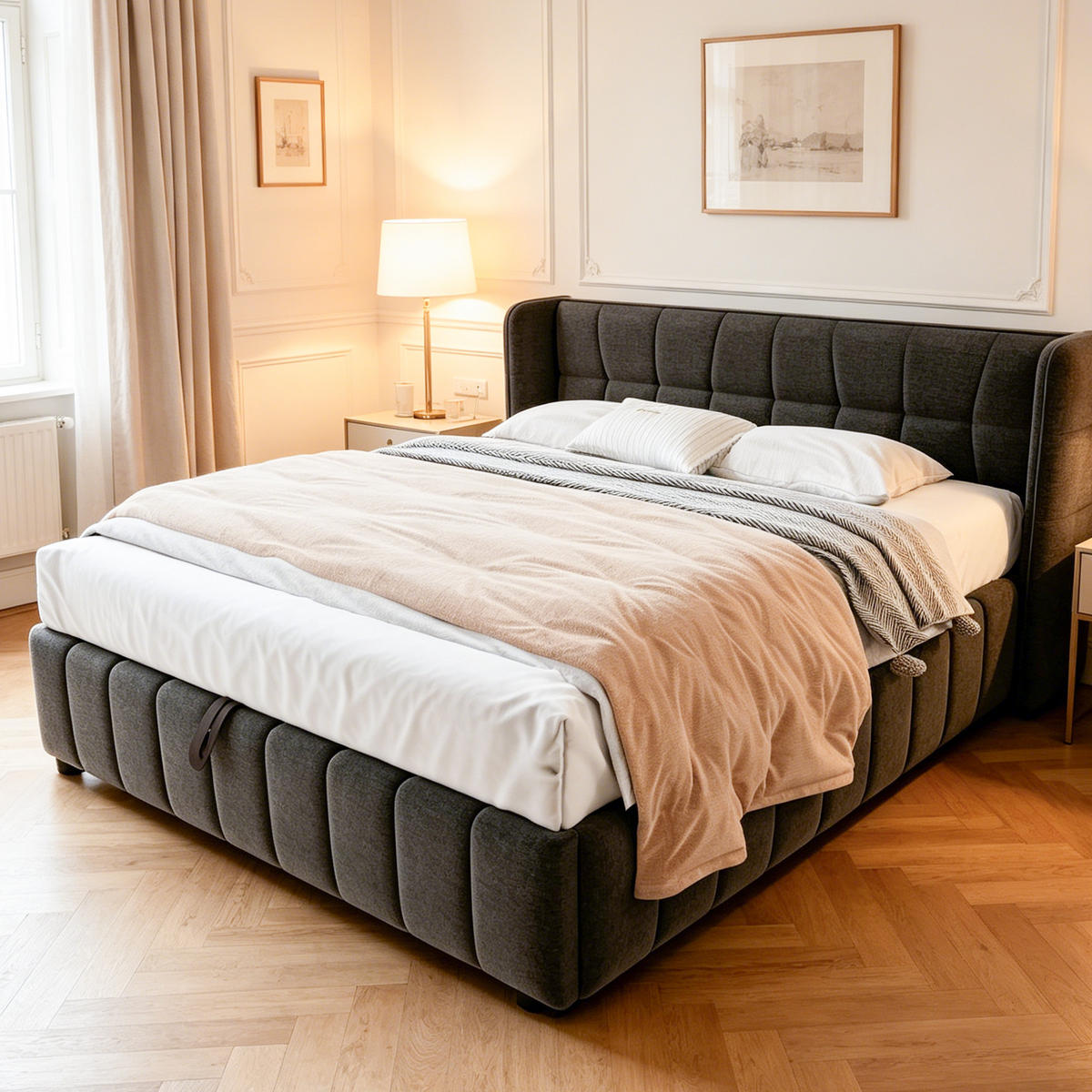BOXBETT 180/200cm mit Stauraum & Lattenrost, Leinen, Grau - Grau, Holz/Textil (180/200cm) - LVHOM