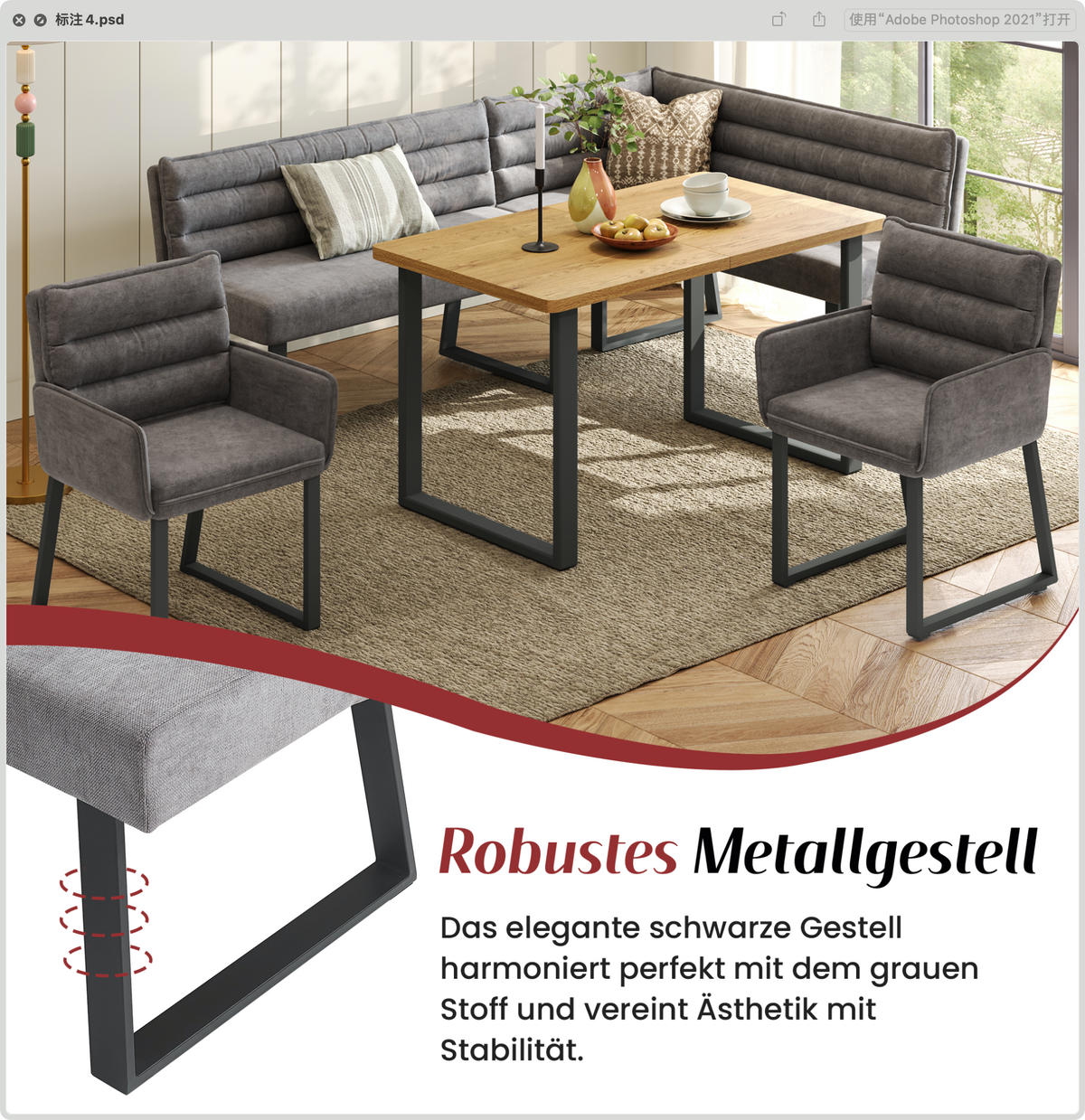 ECKBANKGRUPPE Grau Holz Chenille Tisch 2 Stühle Eckbank - Grau, Holzwerkstoff - FLIEKS