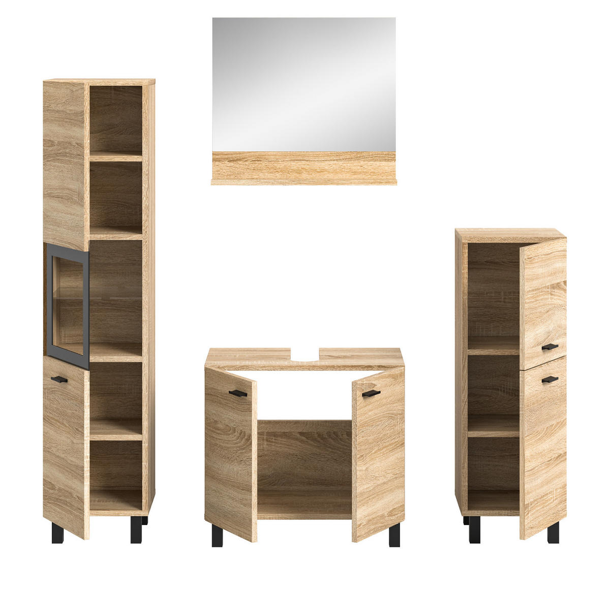 BADMÖBEL-SET Eiche 4-teilig 140 cm, Komplettset hängend oder stehend - Eichefarben/Schwarz, Glas/Holzwerkstoff (137/186/33cm) - Inn.Furn