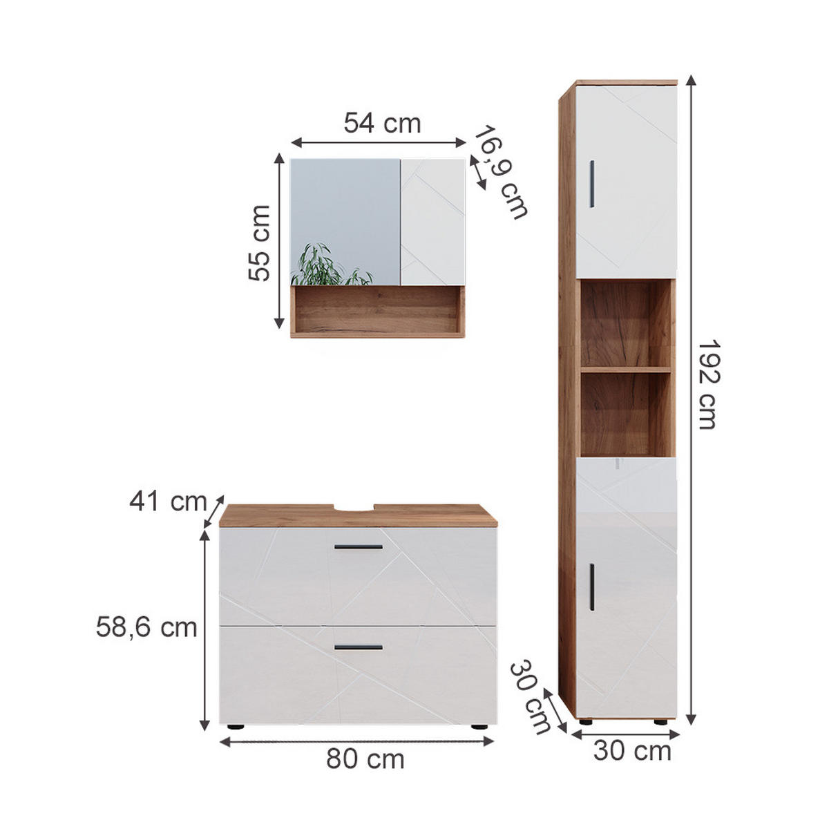 BADMÖBEL-SET Irma Weiß Hochglanz/Goldkraft Eiche 3 Teile - Honigeiche/Weiß Hochglanz, Holzwerkstoff (80/58.6/41cm) - Vicco