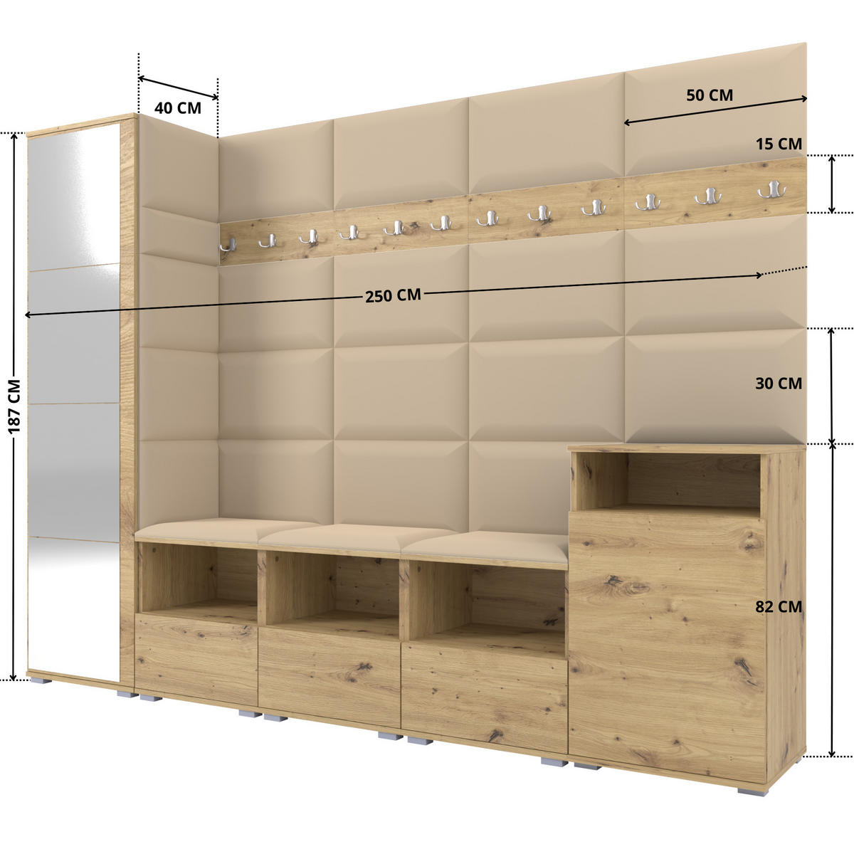 GARDEROBE NELA XI 250 cm (Modulare Flurmöbel Artisan Eiche mit Spiegel & Sitzpolster Beige 04 Großes Set) - Beige/Silberfarben, Holz/Holzwerkstoff (250/187/40cm) - Ravio