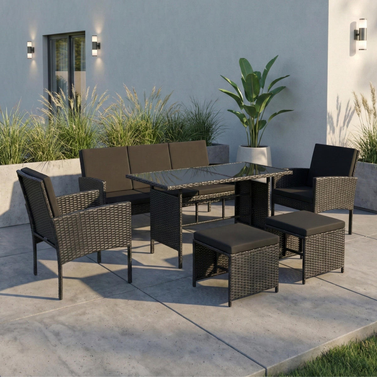 GARTENMÖBEL-SET mit 3-Sitzer Sofa, 2 Stühle, 2 Hocker mit schwarze Kissen - Schwarz, Metall - Home Collective