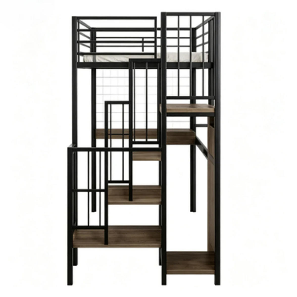 HOCHBETT 90x200 cm aus MDF & Metall mit Treppe und Kleiderschrank, schwarz-dunkelwalnuss - Schwarz, Holzwerkstoff (90/200cm) - Luhomfu