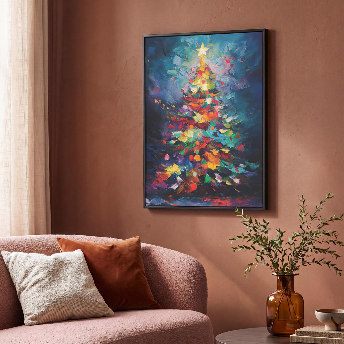 LEINWAND Bilder mit Rahmen - Weihnachtsbaum - Weihnachten - Abstrakt - Farbenfroh - 70x100 - Multicolor, Textil (70/100cm) - MuchoWow