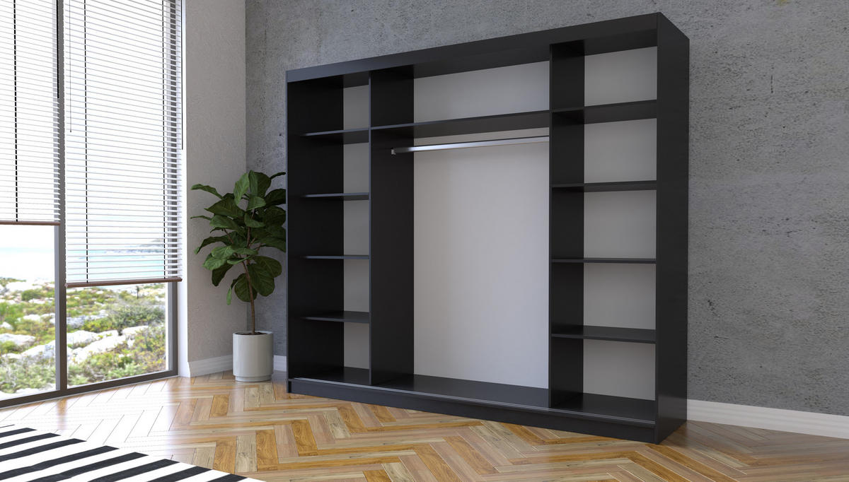 SCHWEBETÜRENSCHRANK ALBA Schwarz/Schwarz + Spiegel, mit LED-Beleuchtung 250cm - Schwarz/Alufarben, Glas/Holzwerkstoff (250/218/61cm) - imoebel24
