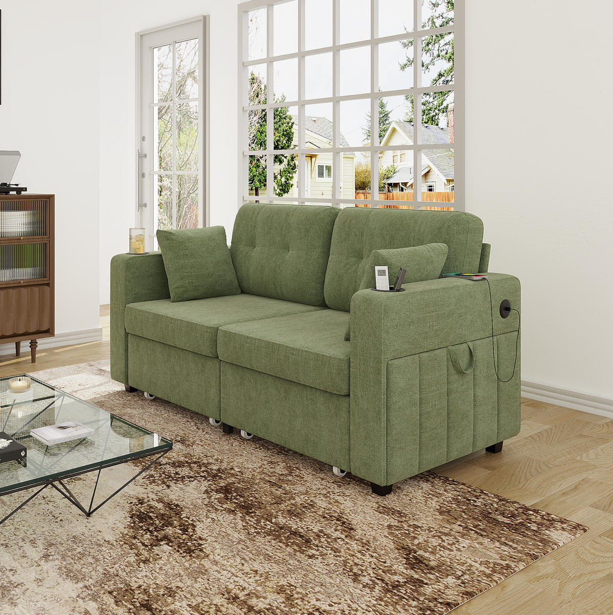 2-SITZER Sofa aus Chenille 172x75x82 cm in Olive mit USB-Anschlüssen & Stauraum - Grün, Textil (75/82/172cm) - Modfu