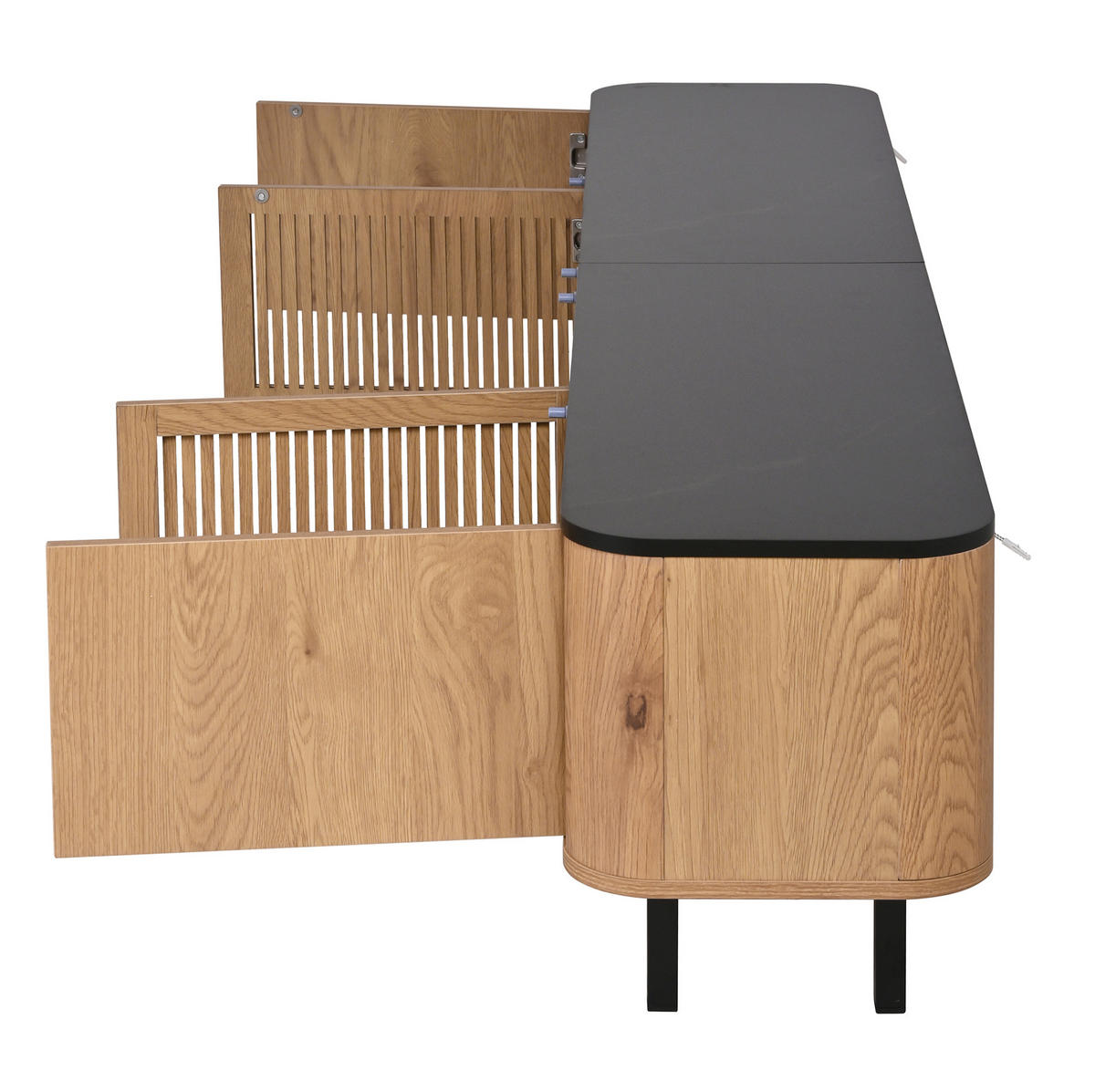 TV stolík 190/35/45 cm dubový z MDF a drevotriesky s mriežkovými dvierkami a úložným priestorom - hnedá, kompozitné drevo (190/45/35cm) - OKWISH