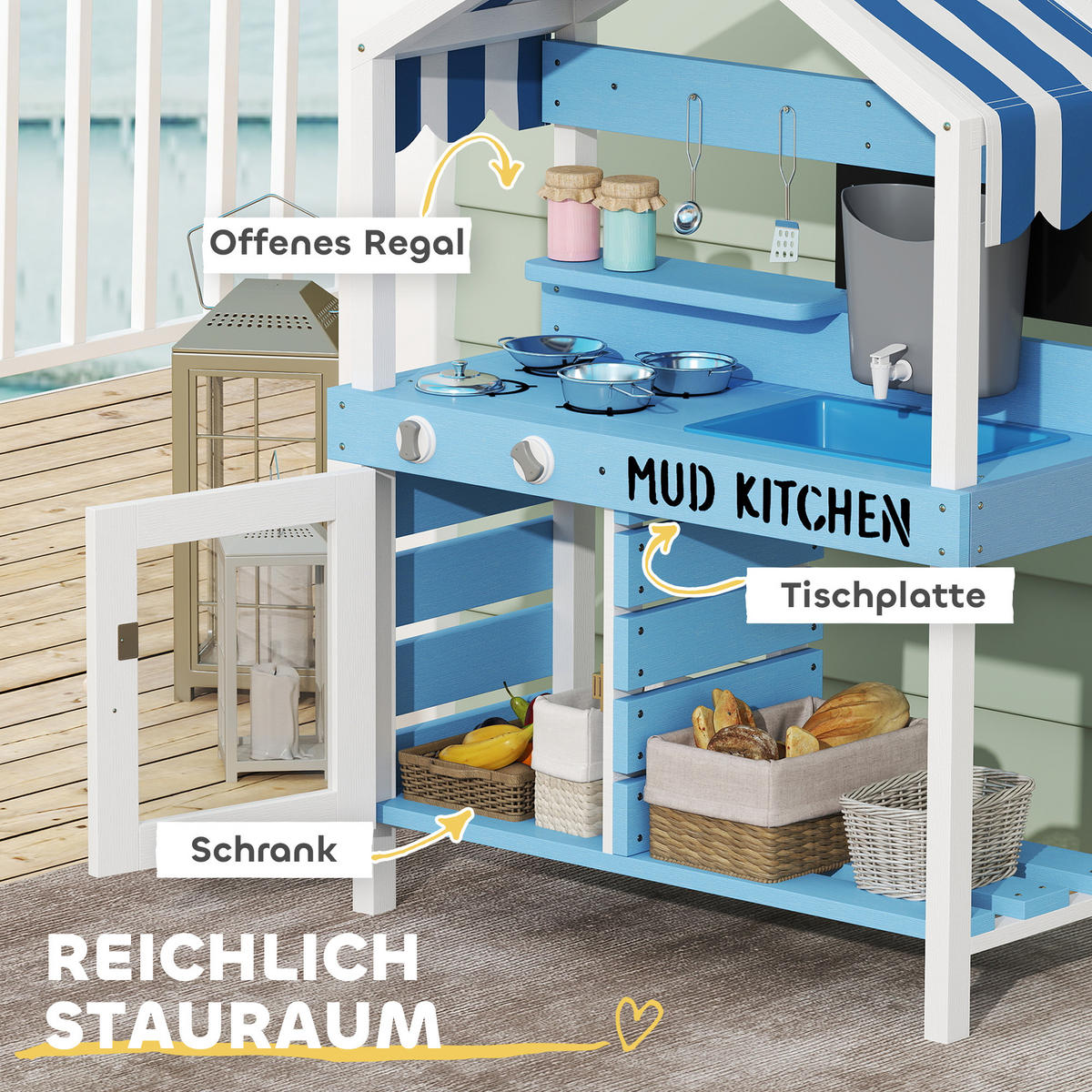 MATSCHKÜCHE Kinder Outdoor Gartenspielküche mit Herd, Spüle, Zubehör Blau - Blau, Holz (80/36.5/112cm) - AIYAPLAY