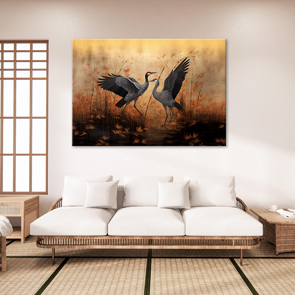 LEINWANDBILD Kranich Natur Vögel 90x60cm - Orange, Textil (90/60cm) - Feeby