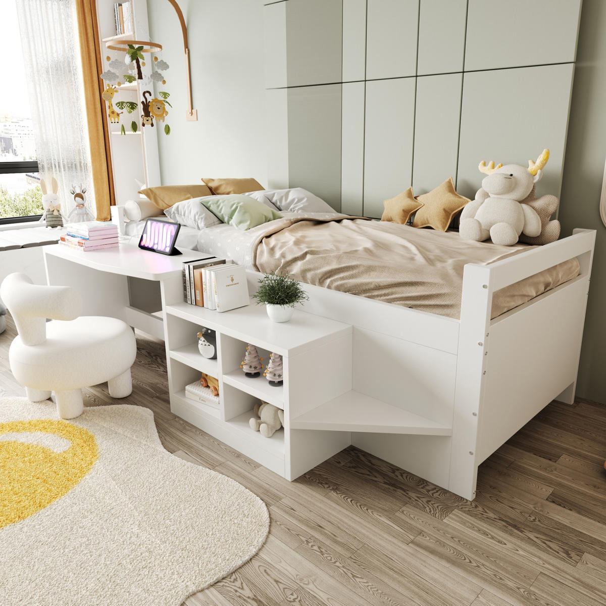 BETT 90/200 cm Weiß aus Kiefernholz und Holzwerkstoff mit Schreibtisch und Stauraum - Weiß, Holz (90/200cm) - OKMYHOME